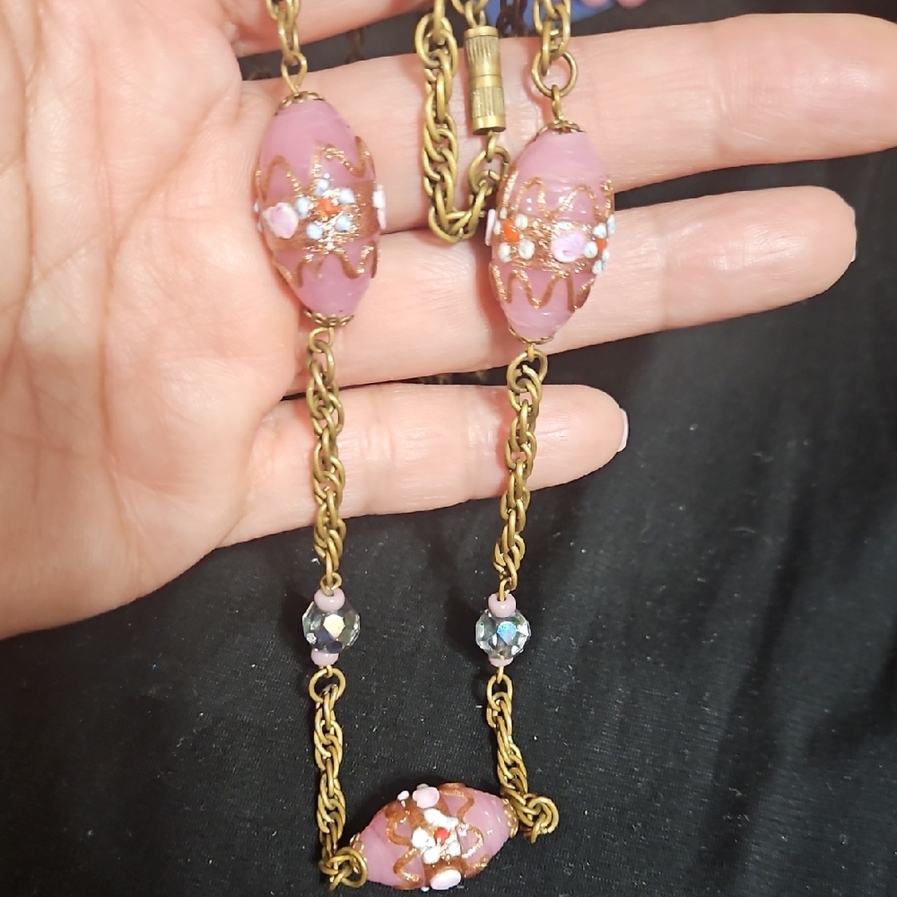 Vintage Elegant Pink Wedding Cake Bead Necklace With Brass